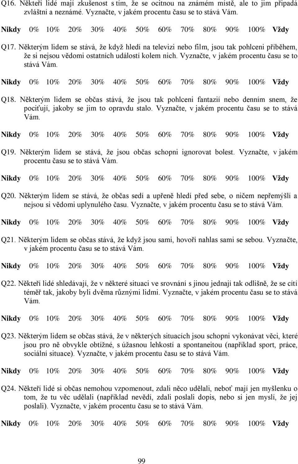 Nikdy % % % % 4% 5% 6% 7% 8% 9% % Vždy Q8. Některým lidem se občas stává, že jsou tak pohlceni fantazií nebo denním snem, že pociťují, jakoby se jim to opravdu stalo.