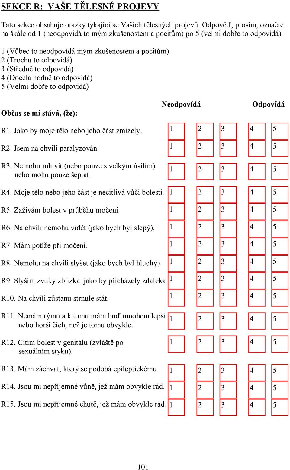 (Vůbec to neodpovídá mým zkušenostem a pocitům) (Trochu to odpovídá) (Středně to odpovídá) 4 (Docela hodně to odpovídá) 5 (Velmi dobře to odpovídá) Občas se mi stává, (že): Neodpovídá Odpovídá R.