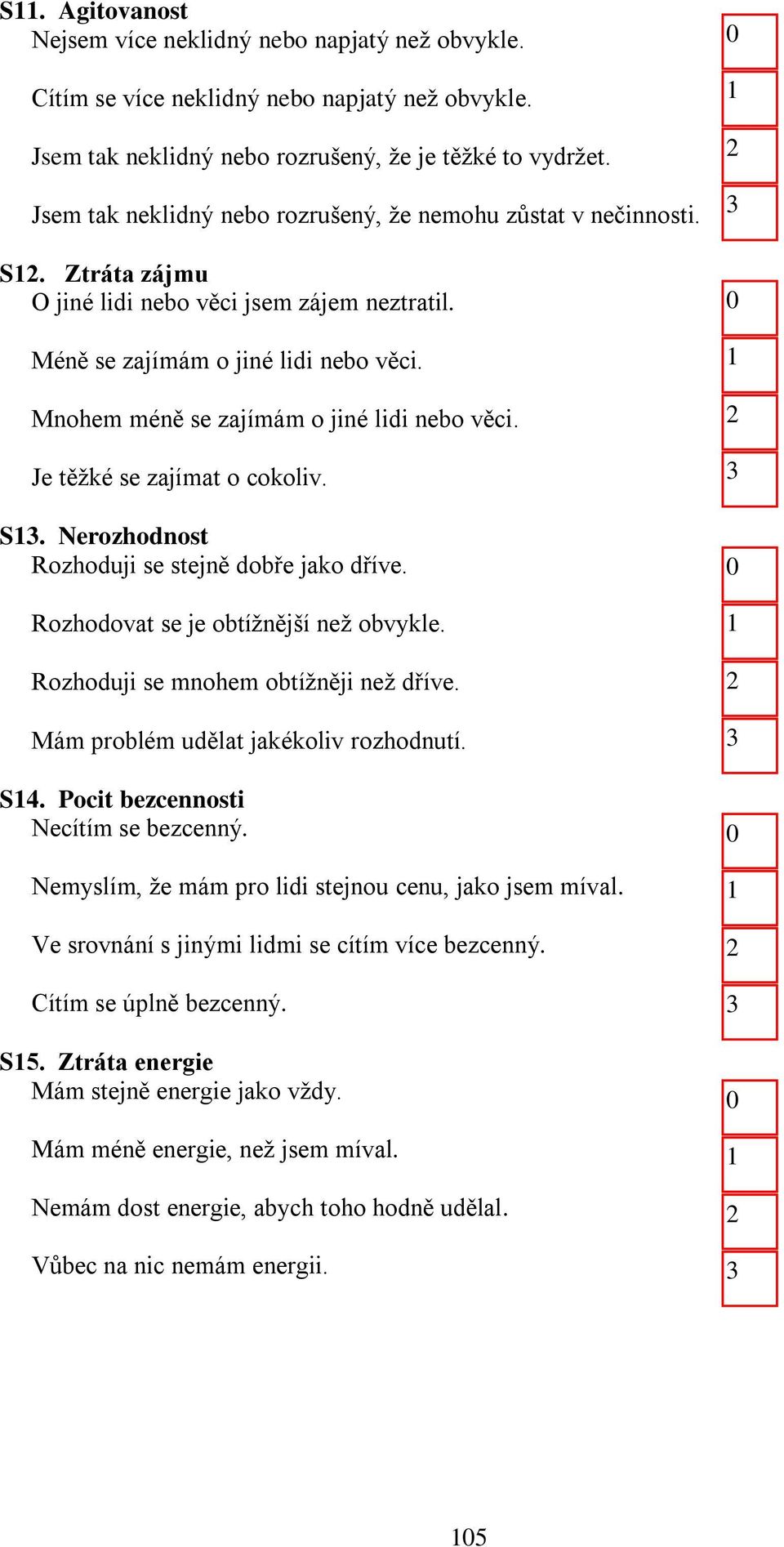 Mnohem méně se zajímám o jiné lidi nebo věci. Je těžké se zajímat o cokoliv. S. Nerozhodnost Rozhoduji se stejně dobře jako dříve. Rozhodovat se je obtížnější než obvykle.