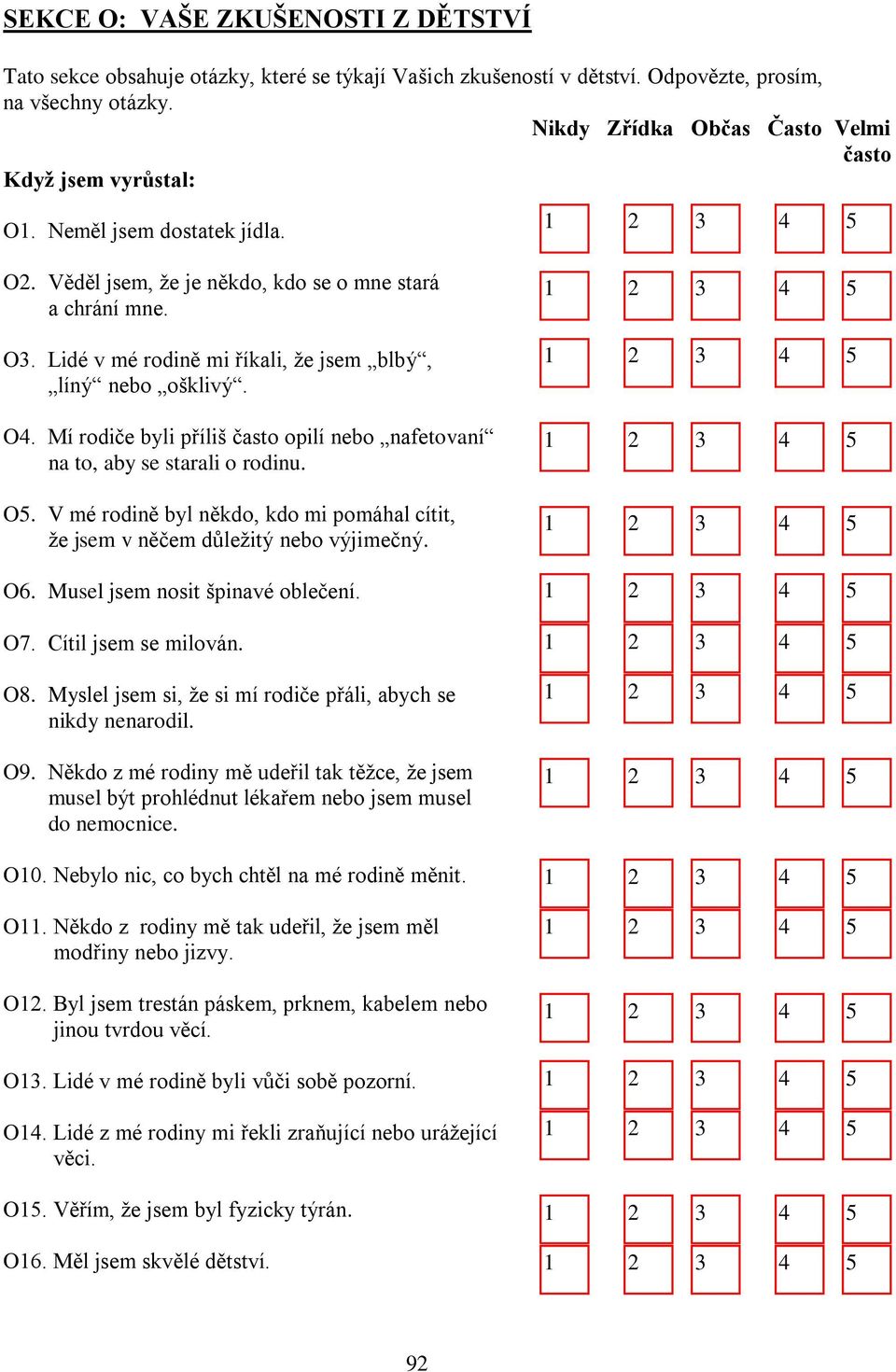 O4. Mí rodiče byli příliš často opilí nebo nafetovaní na to, aby se starali o rodinu. O5. V mé rodině byl někdo, kdo mi pomáhal cítit, že jsem v něčem důležitý nebo výjimečný. O6.