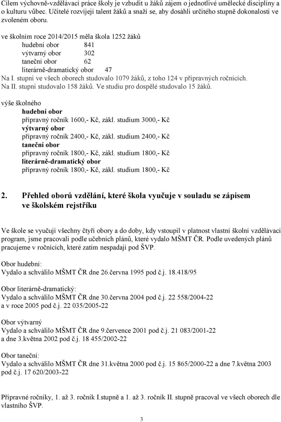 ve školním roce 2014/2015 měla škola 1252 žáků hudební obor 841 výtvarný obor 302 taneční obor 62 literárně-dramatický obor 47 Na I.