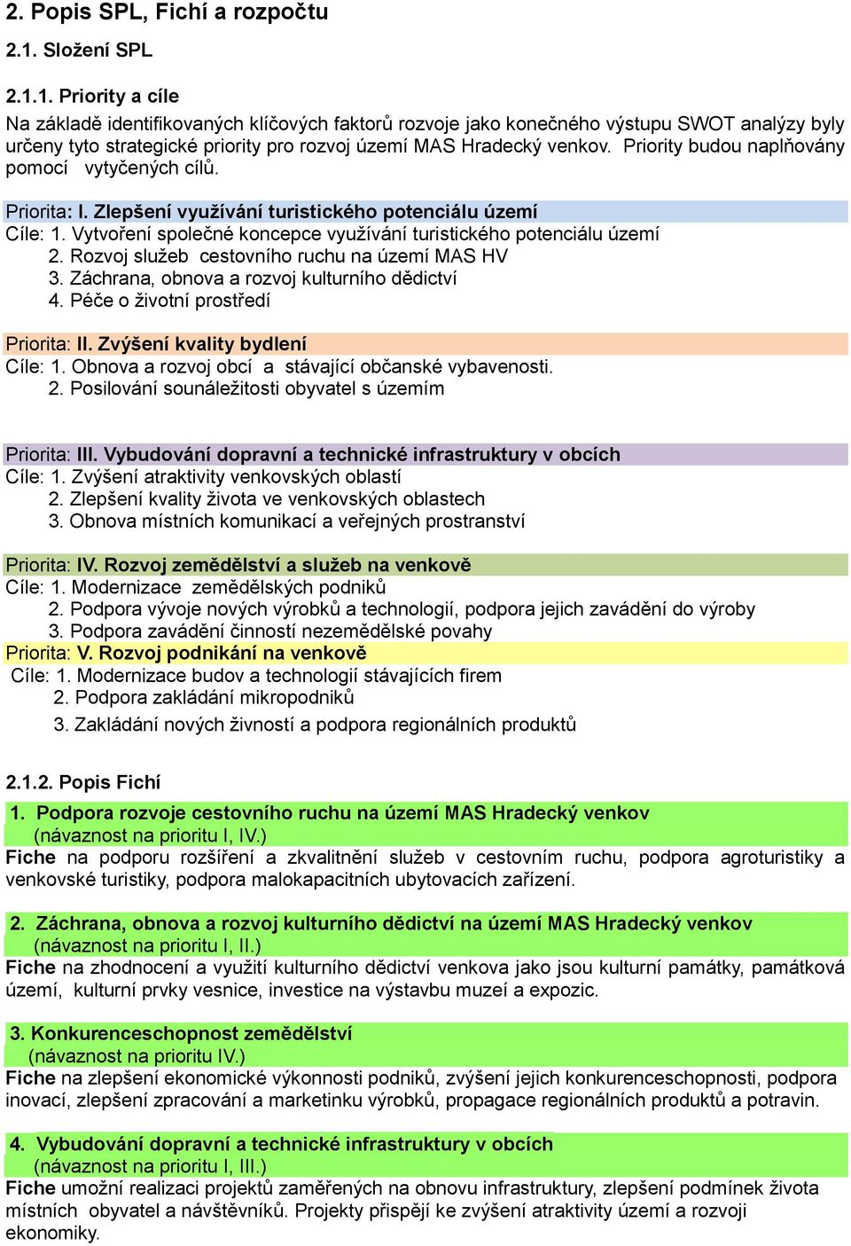 Priority budou naplňovány pomocí vytyčených cílů. Priorita: I. Zlepšení využívání turistického potenciálu území Cíle: 1. Vytvoření společné koncepce využívání turistického potenciálu území 2.