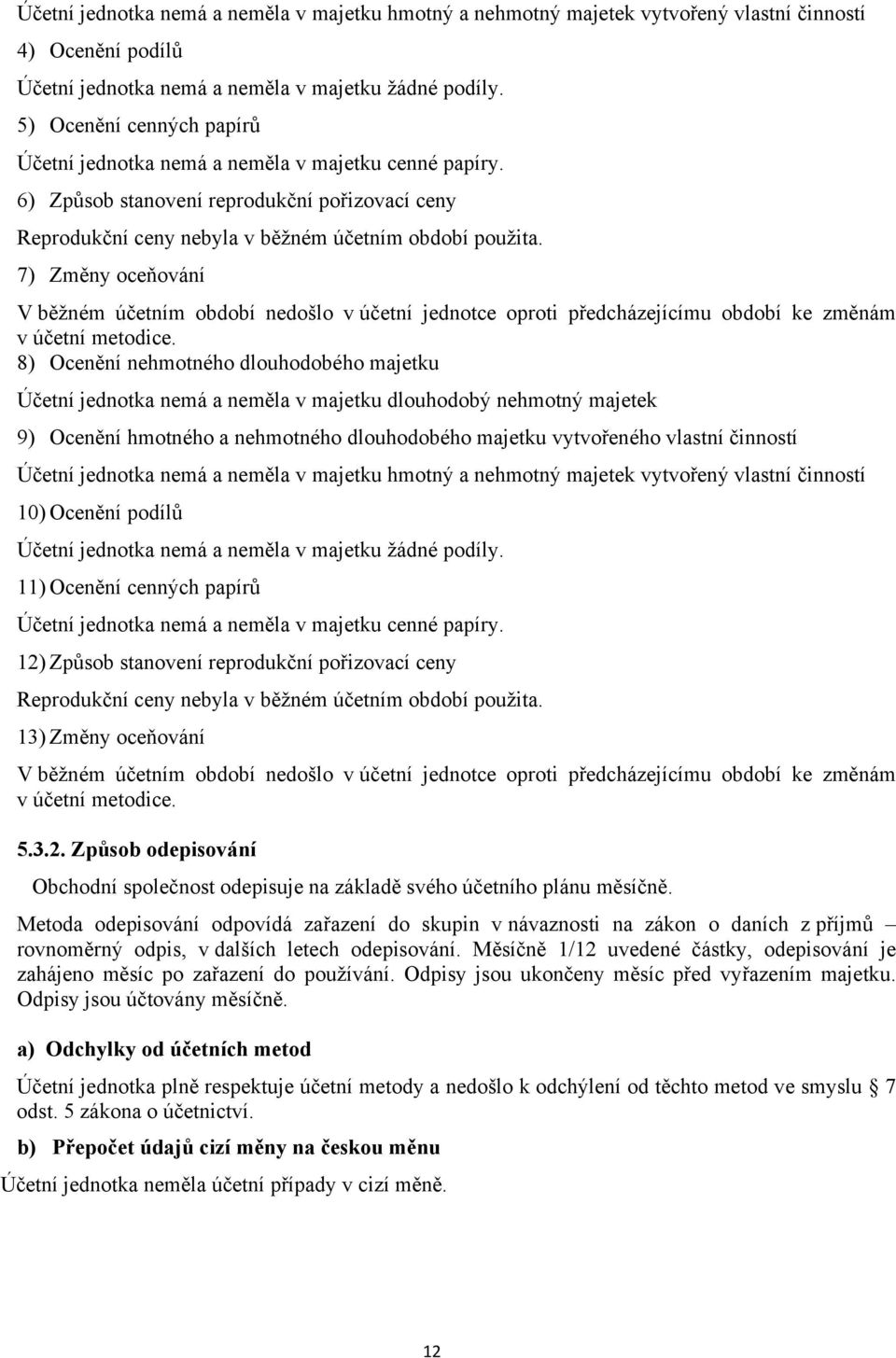 7) Změny oceňování V běžném účetním období nedošlo v účetní jednotce oproti předcházejícímu období ke změnám v účetní metodice.