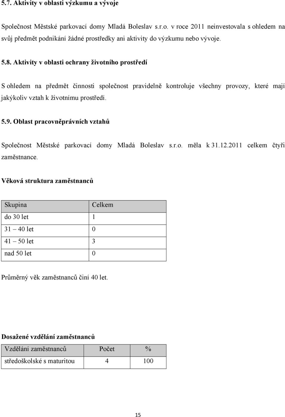 Oblast pracovněprávních vztahů Společnost Městské parkovací domy Mladá Boleslav s.r.o. měla k 31.12.2011 celkem čtyři zaměstnance.