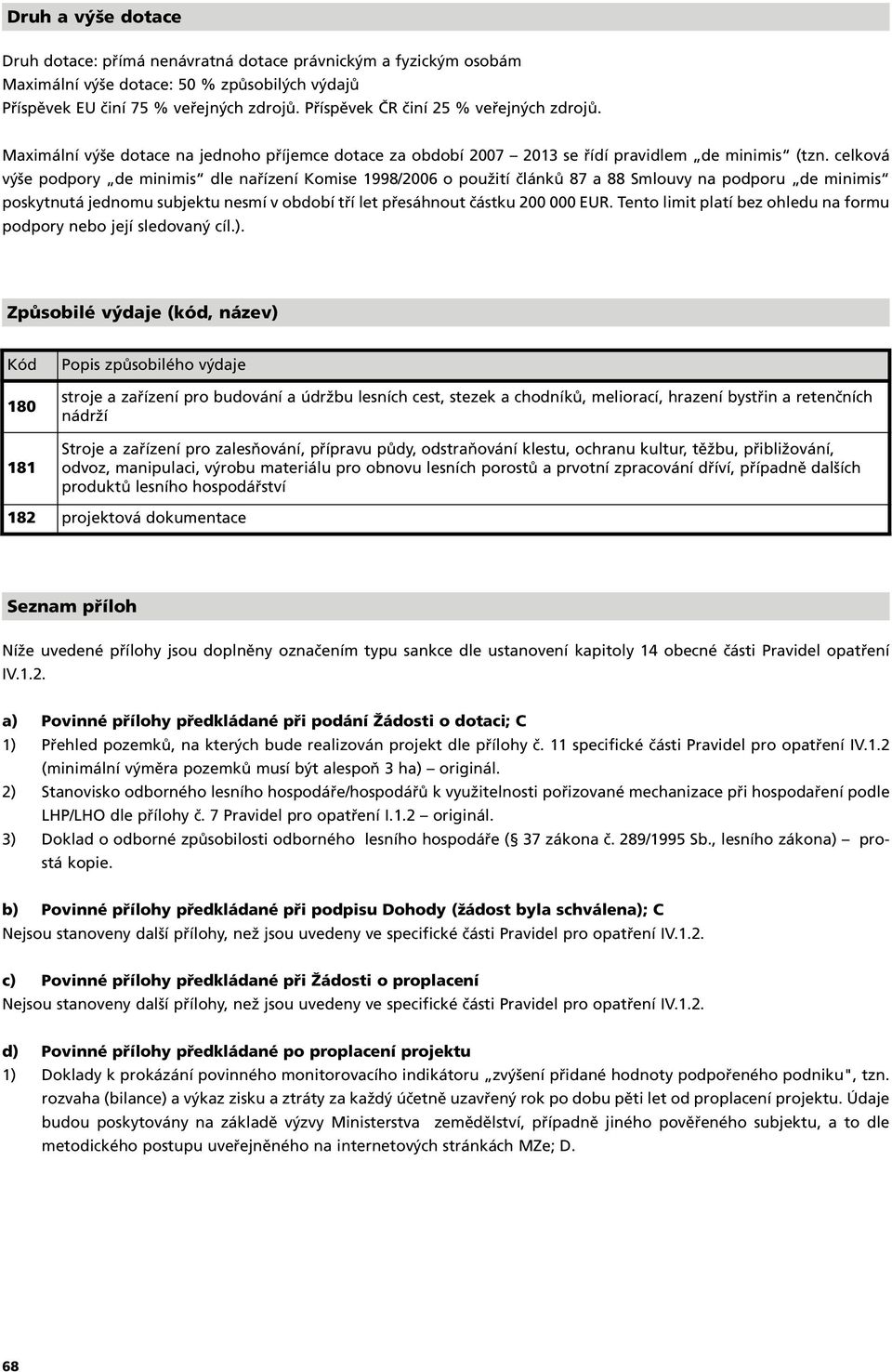 celková výše podpory de minimis dle nařízení Komise 1998/2006 o použití článků 87 a 88 Smlouvy na podporu de minimis poskytnutá jednomu subjektu nesmí v období tří let přesáhnout částku 200 000 EUR.