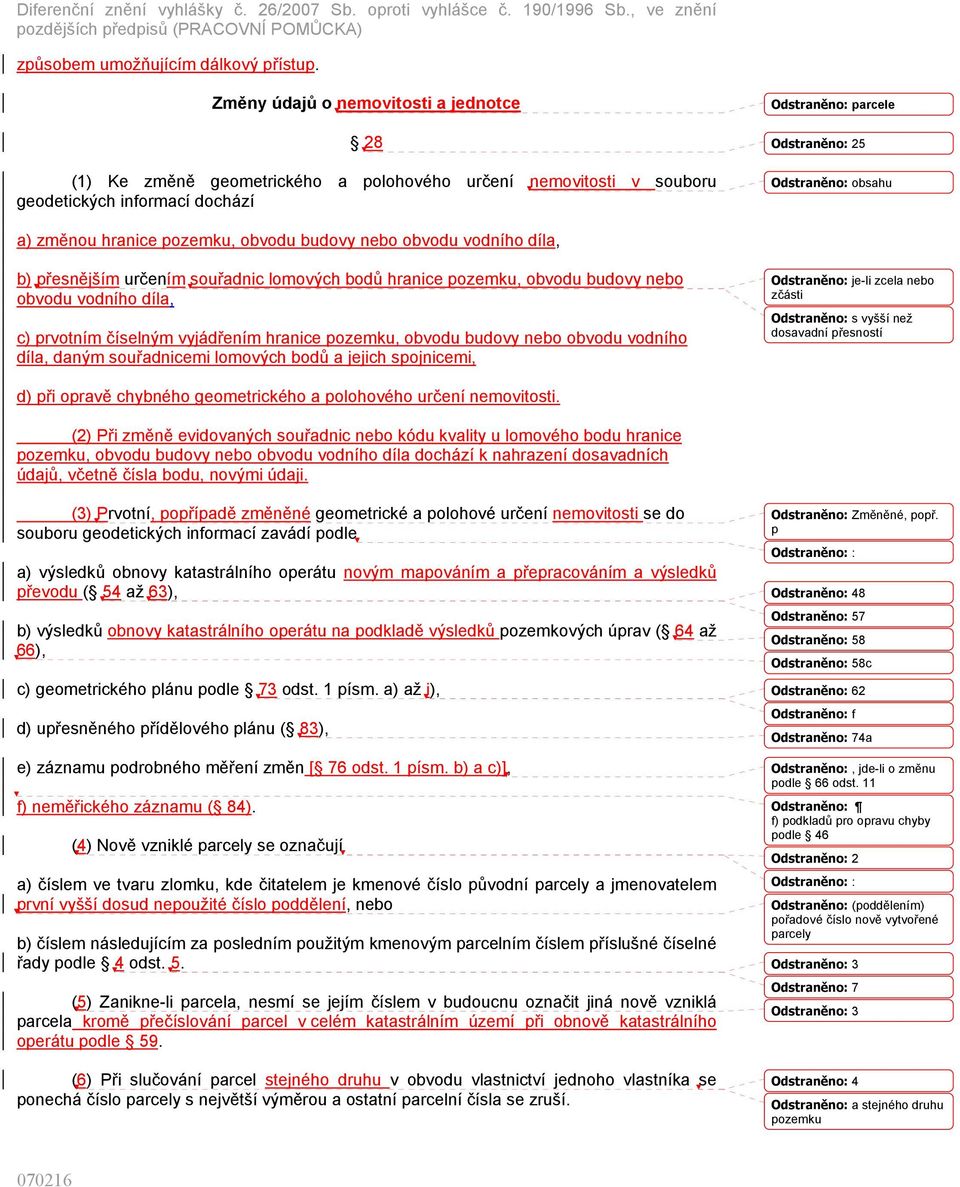 změnou hranice pozemku, obvodu budovy nebo obvodu vodního díla, b) přesnějším určením souřadnic lomových bodů hranice pozemku, obvodu budovy nebo obvodu vodního díla, c) prvotním číselným vyjádřením