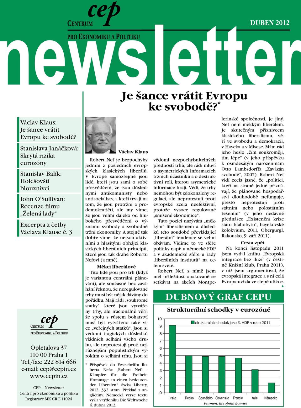 /fax: 222 814 666 e-mail: cep@cepi.cz www.cepi.cz CEP Newsletter Cetra pro ekoomiku a politiku Registrace MK ČR E 11024 Václav Klaus Robert Nef je bezpochyby jedím z posledích evropských klasických liberálů.