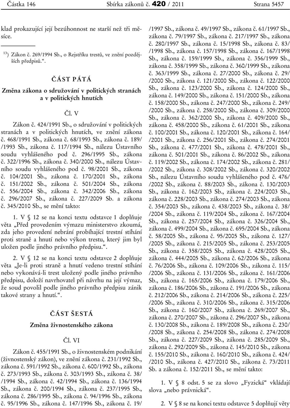 468/1991 Sb., zákona č. 68/1993 Sb., zákona č. 189/ /1993 Sb., zákona č. 117/1994 Sb., nálezu Ústavního soudu vyhlášeného pod č. 296/1995 Sb., zákona č. 322/1996 Sb., zákona č. 340/2000 Sb.