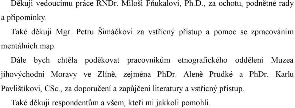 Dále bych chtěla poděkovat pracovníkům etnografického oddělení Muzea jihovýchodní Moravy ve Zlíně, zejména PhDr.