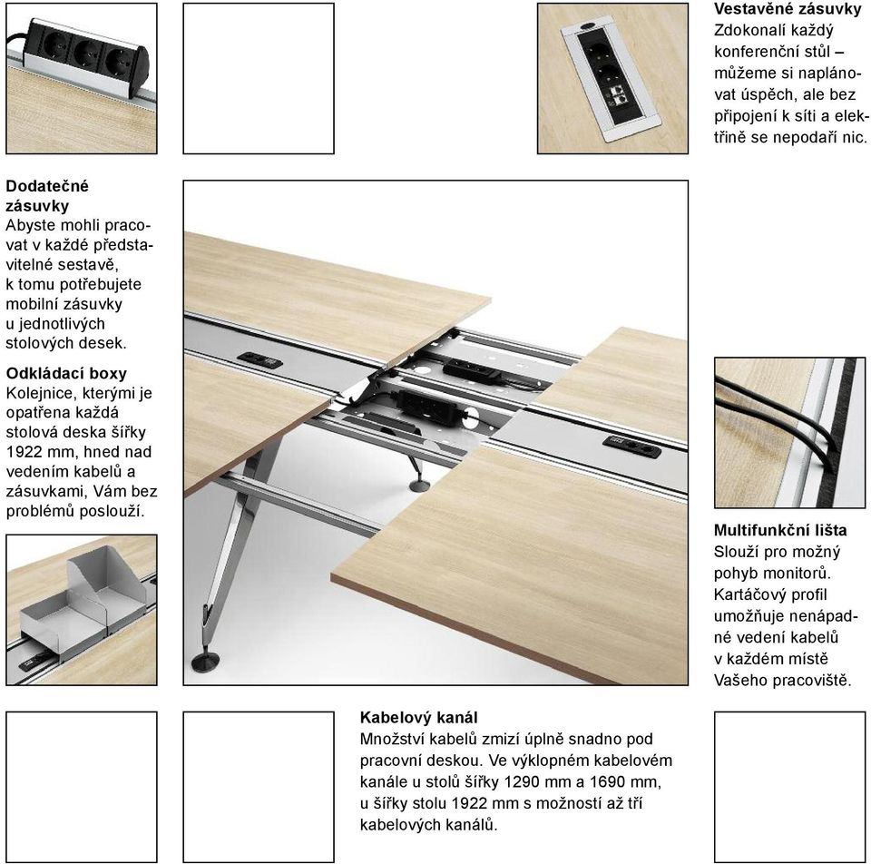 Odkládací boxy Kolejnice, kterými je opatřena každá stolová deska šířky 1922 mm, hned nad vedením kabelů a zásuvkami, Vám bez problémů poslouží.