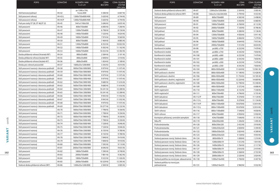 VA-45 1441x1100x550 5 696 Kč 6 835 Kč Stůl pracovní VA-46 800x750x800 6 000 Kč 7 200 Kč Stůl pracovní VA-47 1200x750x800 6 798 Kč 8 158 Kč Stůl pracovní VA-48 1400x750x800 7 520 Kč 9 024 Kč Stůl