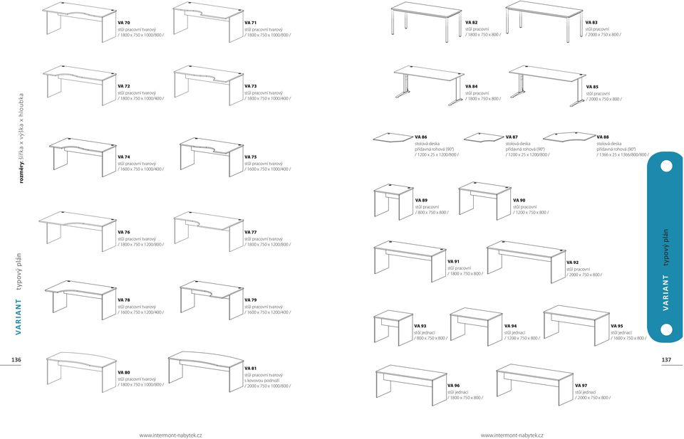 1600 x 750 x 1200/400 / VA 86 stolová deska přídavná rohová (90 ) / 1200 x 25 x 1200/800 / VA 89 / 800 x 750 x 800 / VA 93 stůl jednací / 800 x 750 x 800 / VA 84 / 1800 x 750 x 800 / VA 91 / 1800 x