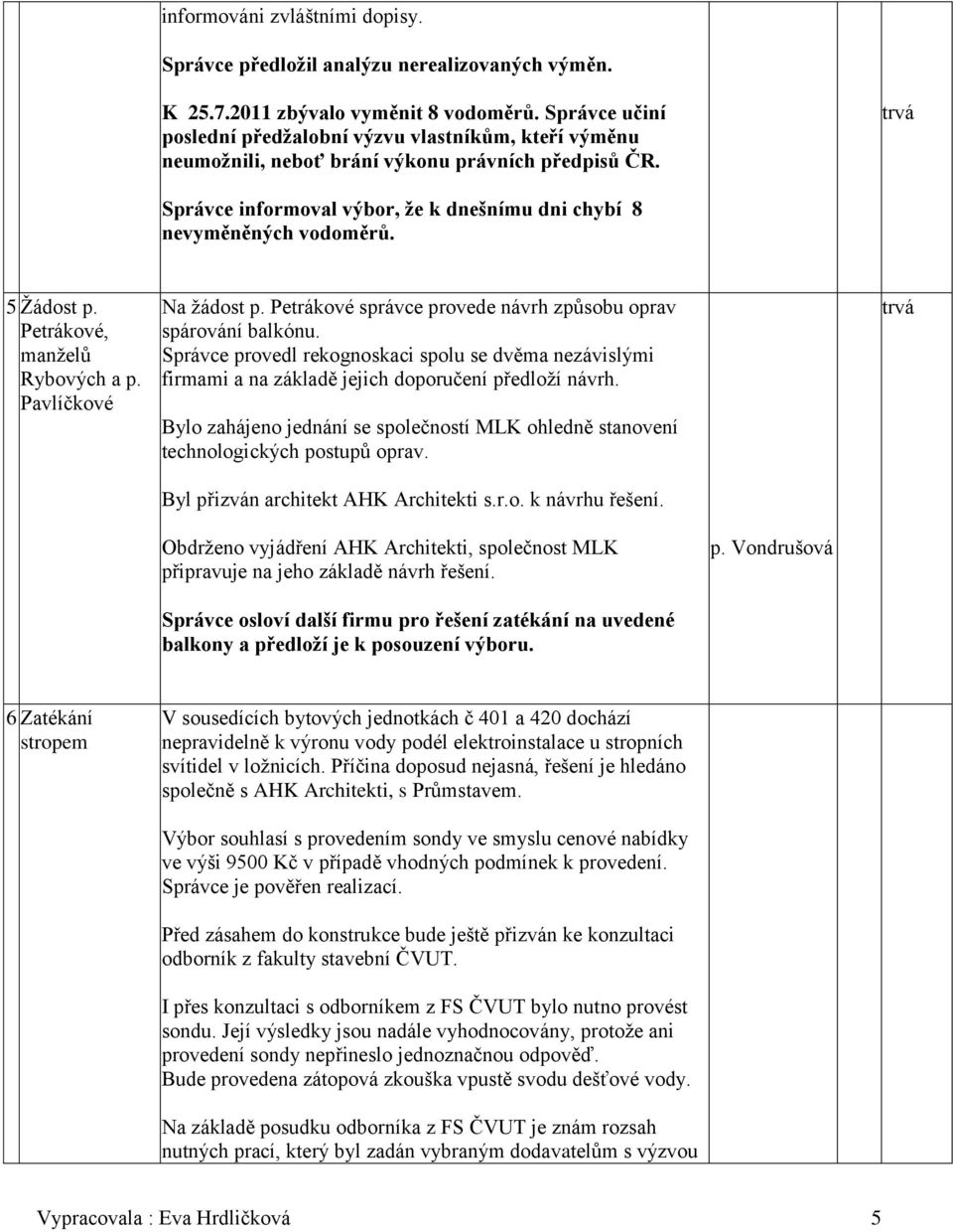 5 Žádost p. Petrákové, manželů Rybových a p. Pavlíčkové Na žádost p. Petrákové správce provede návrh způsobu oprav spárování balkónu.