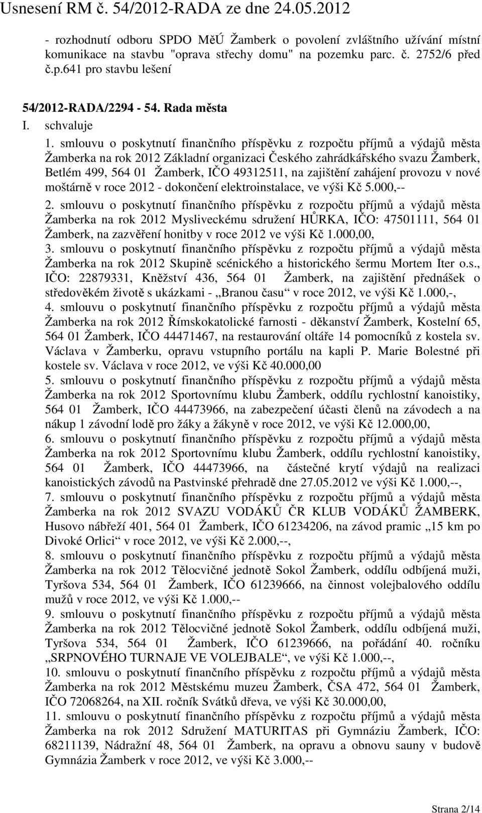 smlouvu o poskytnutí finančního příspěvku z rozpočtu příjmů a výdajů města Žamberka na rok 2012 Základní organizaci Českého zahrádkářského svazu Žamberk, Betlém 499, 564 01 Žamberk, IČO 49312511, na