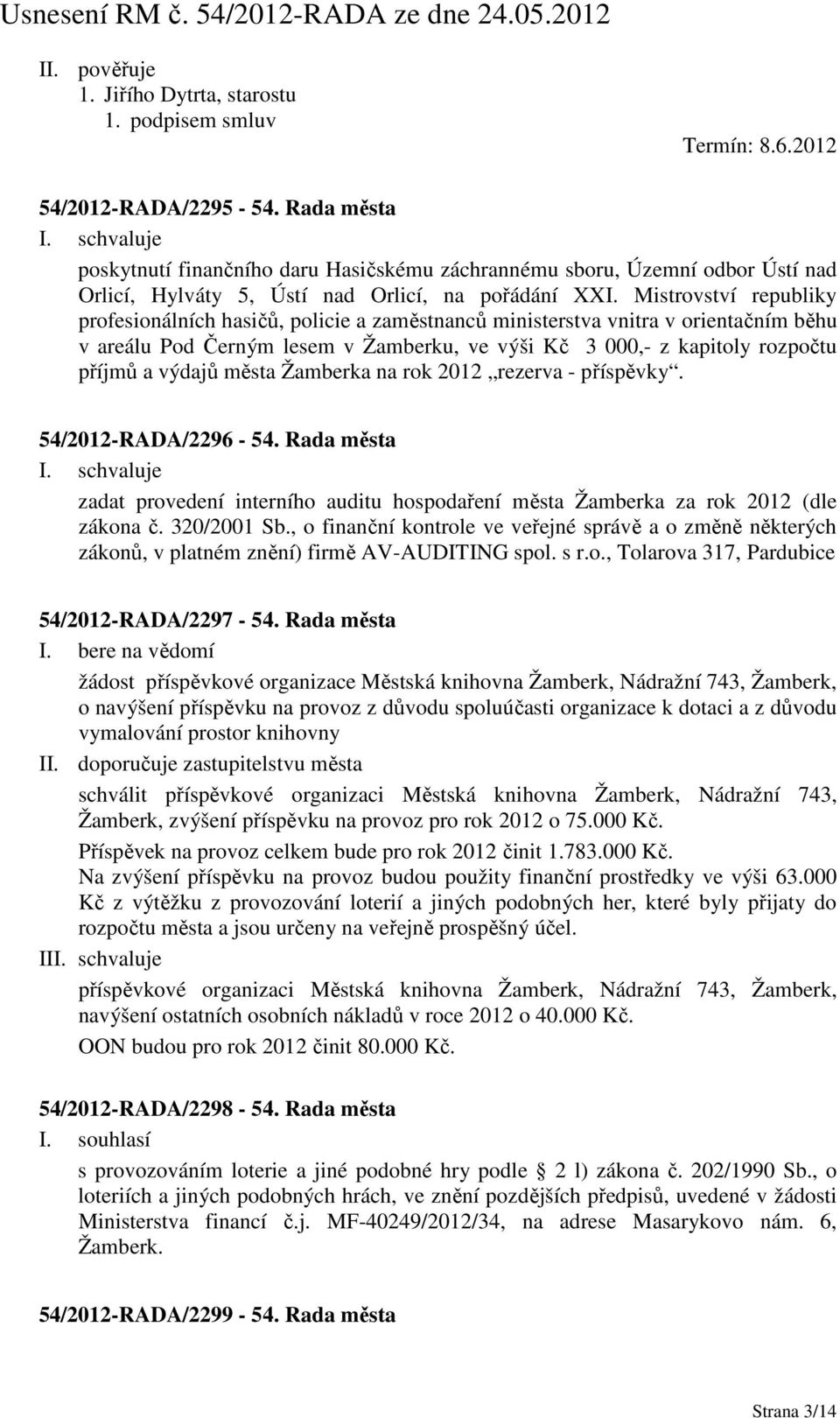 města Žamberka na rok 2012 rezerva - příspěvky. 54/2012-RADA/2296-54. Rada města zadat provedení interního auditu hospodaření města Žamberka za rok 2012 (dle zákona č. 320/2001 Sb.