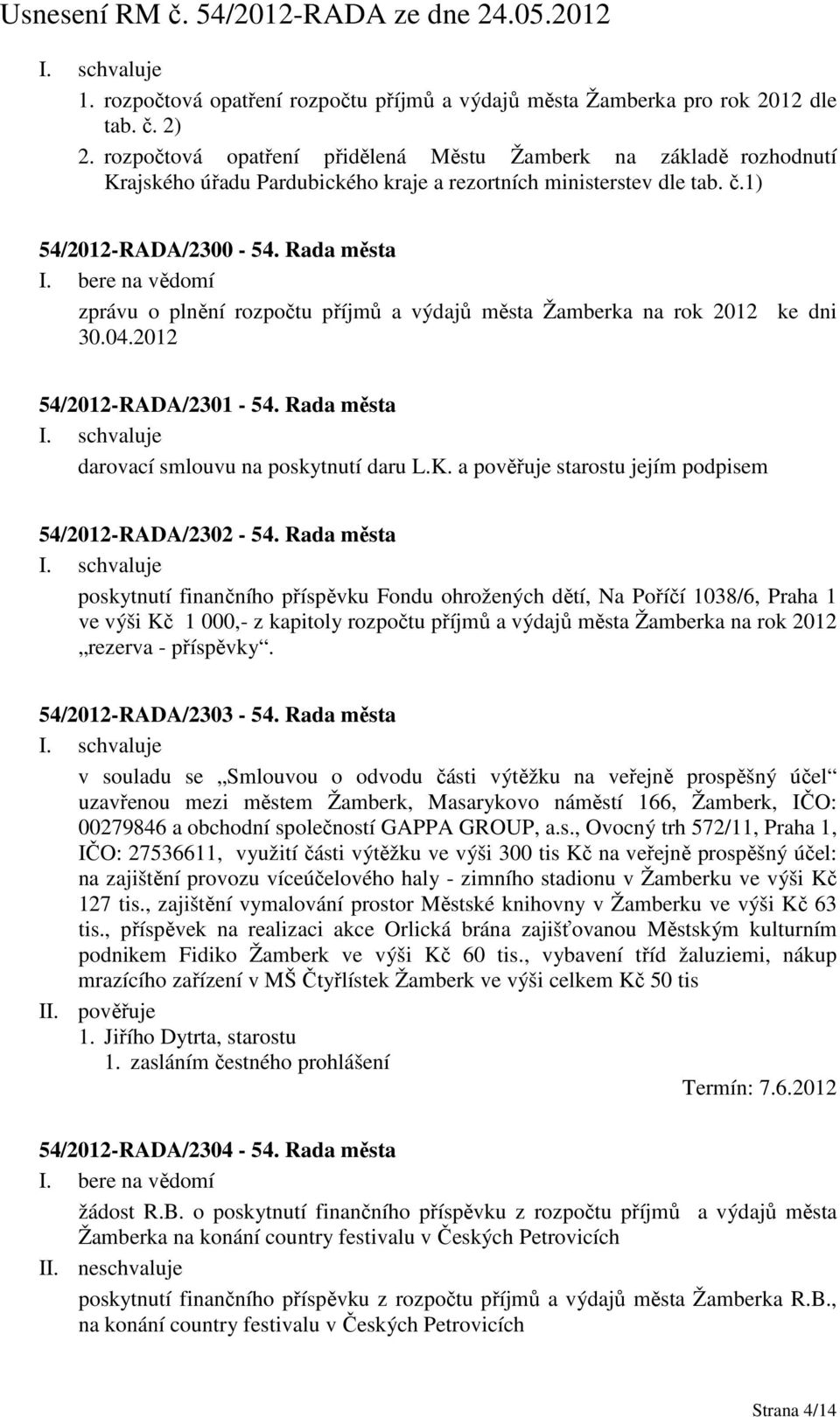 Rada města zprávu o plnění rozpočtu příjmů a výdajů města Žamberka na rok 2012 ke dni 30.04.2012 54/2012-RADA/2301-54. Rada města darovací smlouvu na poskytnutí daru L.K.