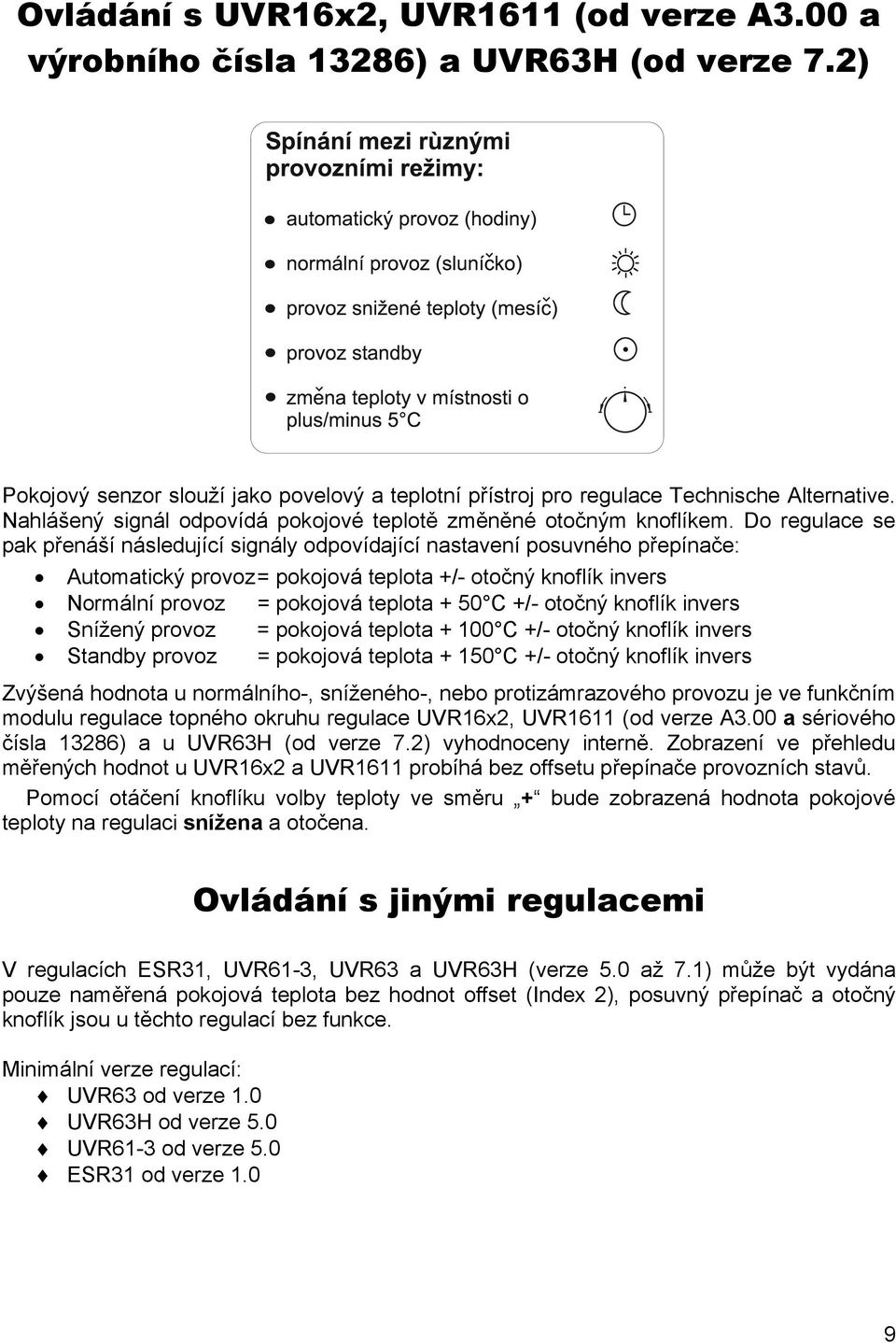 Do regulace se pak přenáší následující signály odpovídající nastavení posuvného přepínače: Automatický provoz = pokojová teplota +/- otočný knoflík invers Normální provoz = pokojová teplota + 50 C