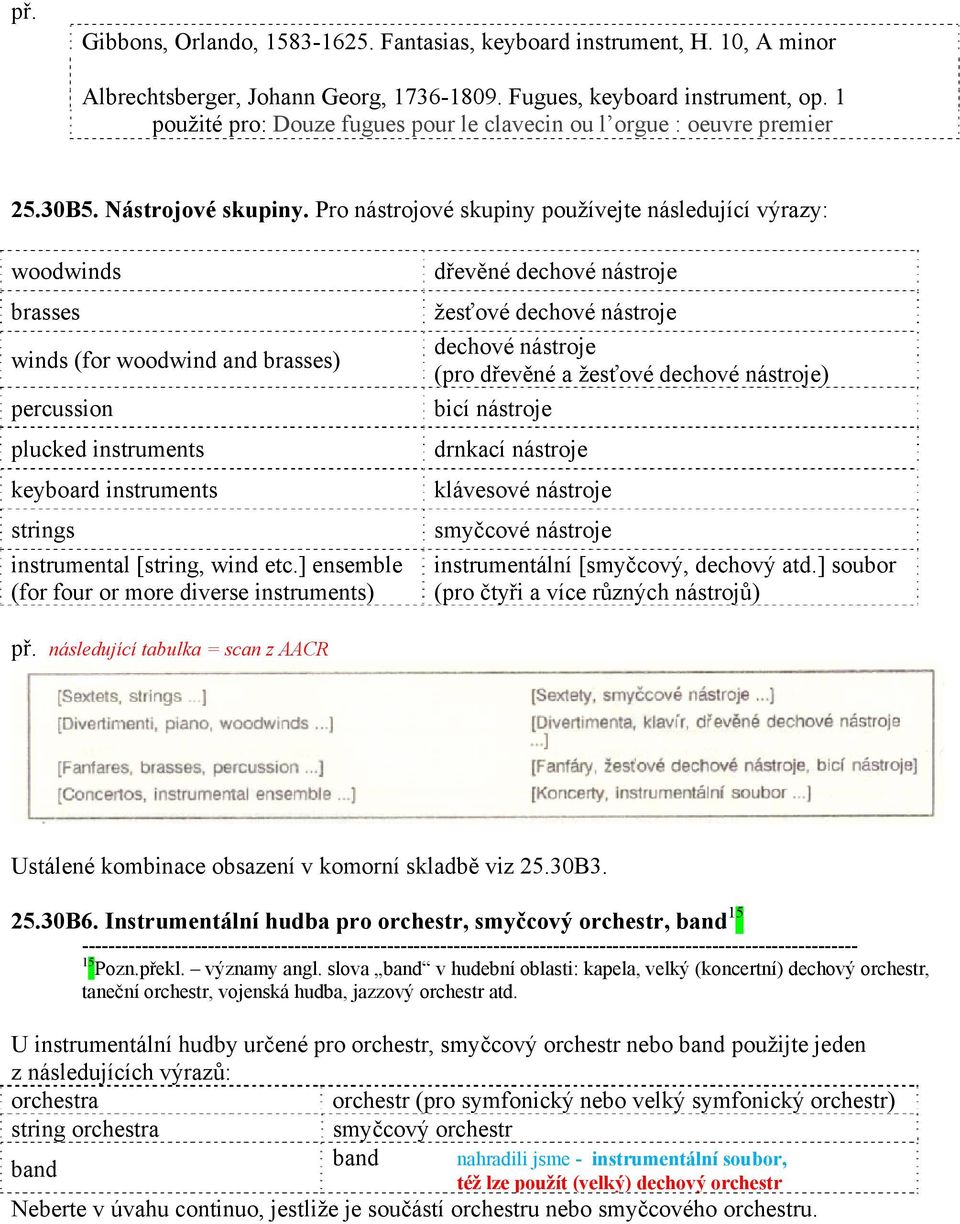 Pro nástrojové skupiny používejte následující výrazy: woodwinds brasses winds (for woodwind and brasses) percussion plucked instruments keyboard instruments strings instrumental [string, wind etc.