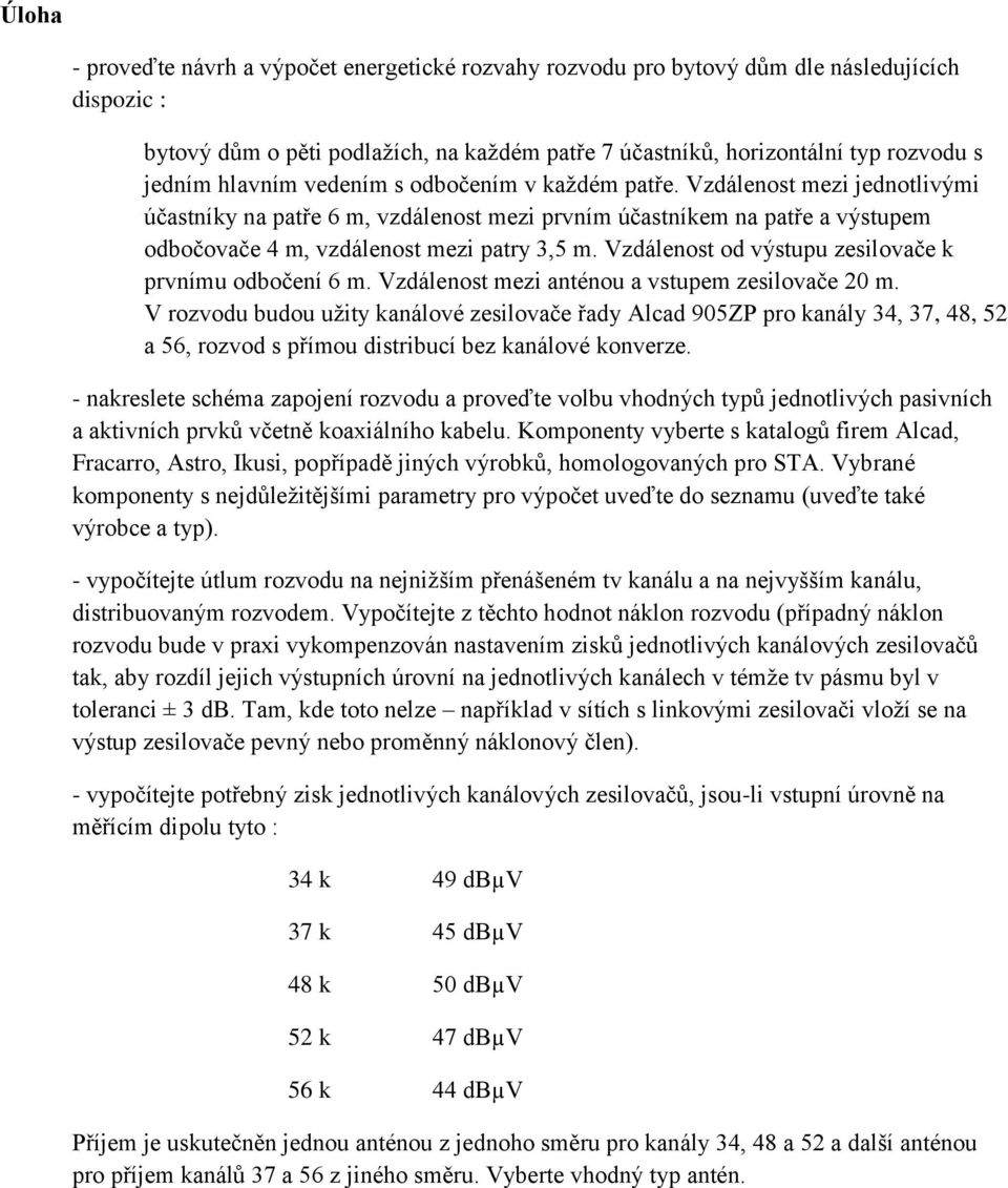 Vzdálenost od výstupu zesilovače k prvnímu odbočení 6 m. Vzdálenost mezi anténou a vstupem zesilovače 20 m.