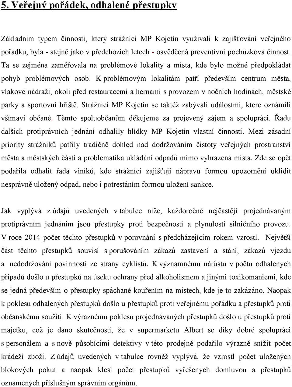 K problémovým lokalitám patří především centrum města, vlakové nádraží, okolí před restauracemi a hernami s provozem v nočních hodinách, městské parky a sportovní hřiště.