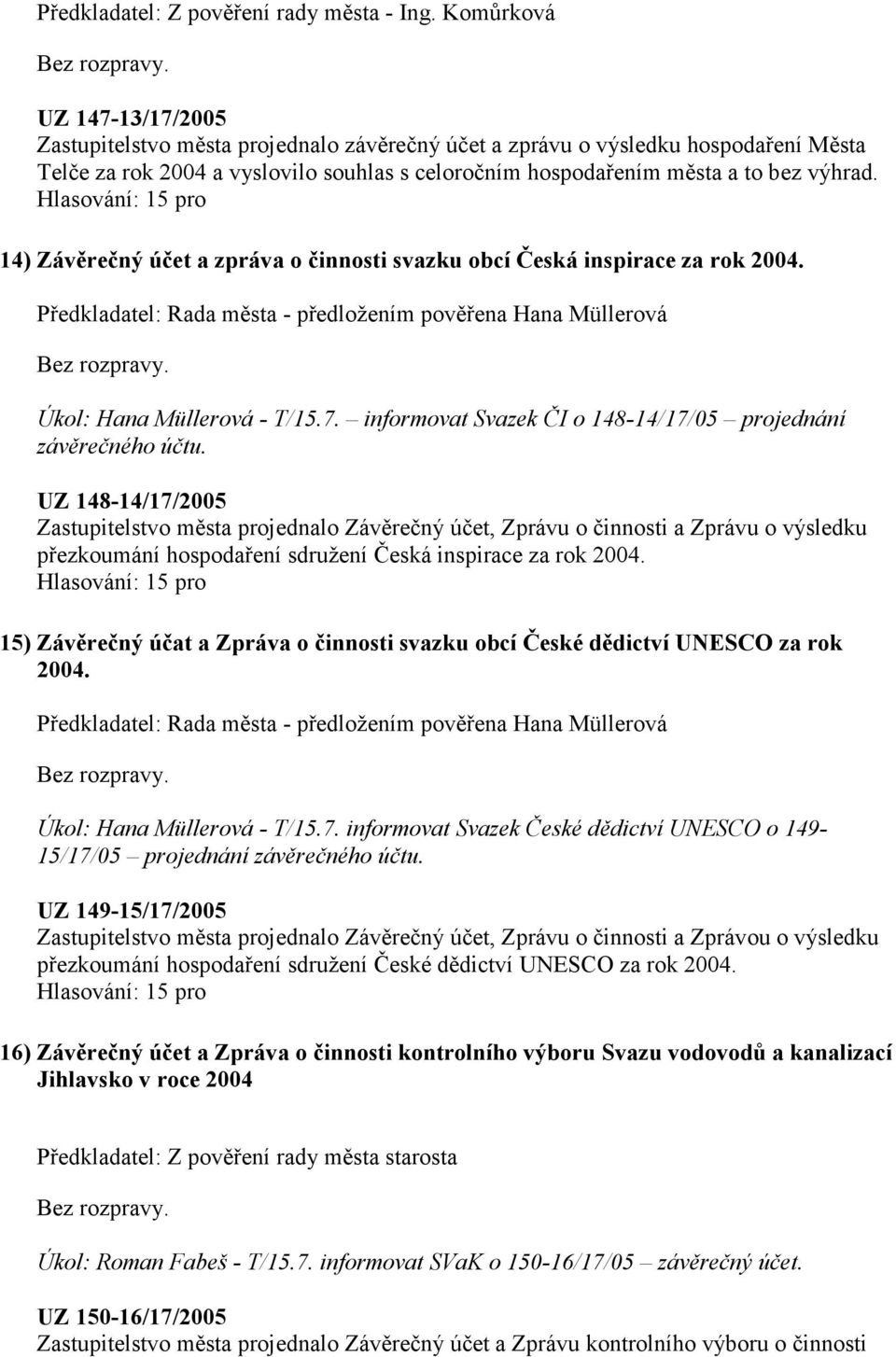 14) Závěrečný účet a zpráva o činnosti svazku obcí Česká inspirace za rok 2004. Předkladatel: Rada města - předložením pověřena Hana Müllerová Úkol: Hana Müllerová - T/15.7.