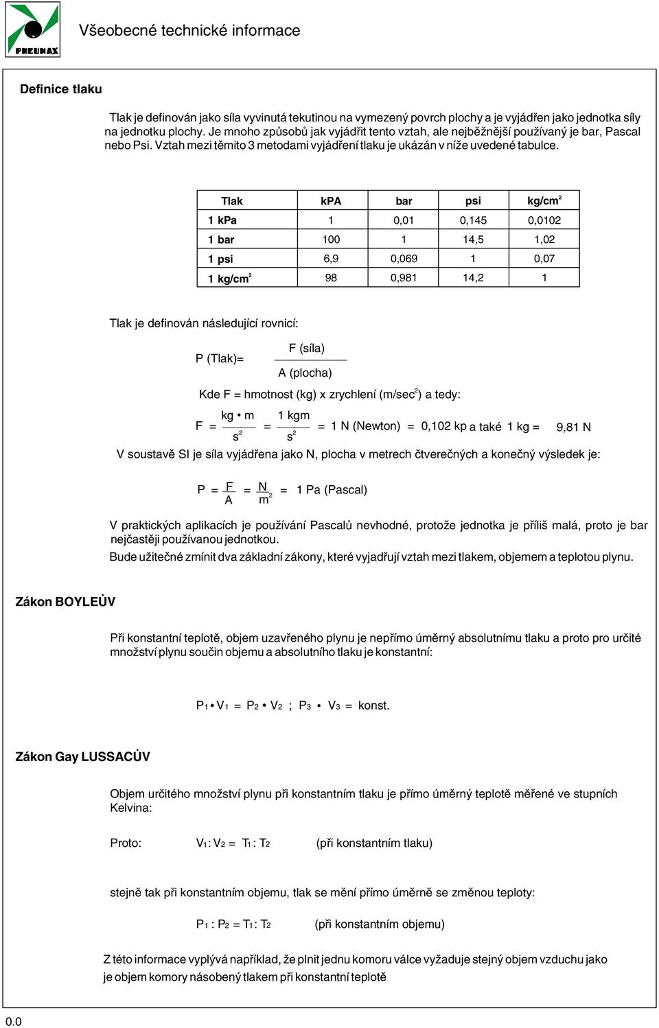 Tlak kpa bar psi kg/cm kpa 0,0 0, 0,00 bar 00,,0 psi 6,9 0,069 0,07 kg/cm 98 0,98, Tlak je definován následující rovnicí: P (Tlak)= F (síla) A (plocha) Kde F = hmotnost (kg) x zrychlení (m/sec ) a