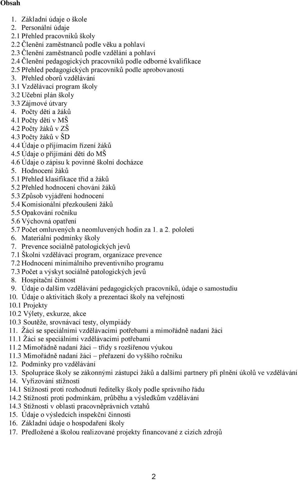 3 Zájmové útvary 4. Počty dětí a žáků 4.1 Počty dětí v MŠ 4.2 Počty žáků v ZŠ 4.3 Počty žáků v ŠD 4.4 Údaje o přijímacím řízení žáků 4.5 Údaje o přijímání dětí do MŠ 4.