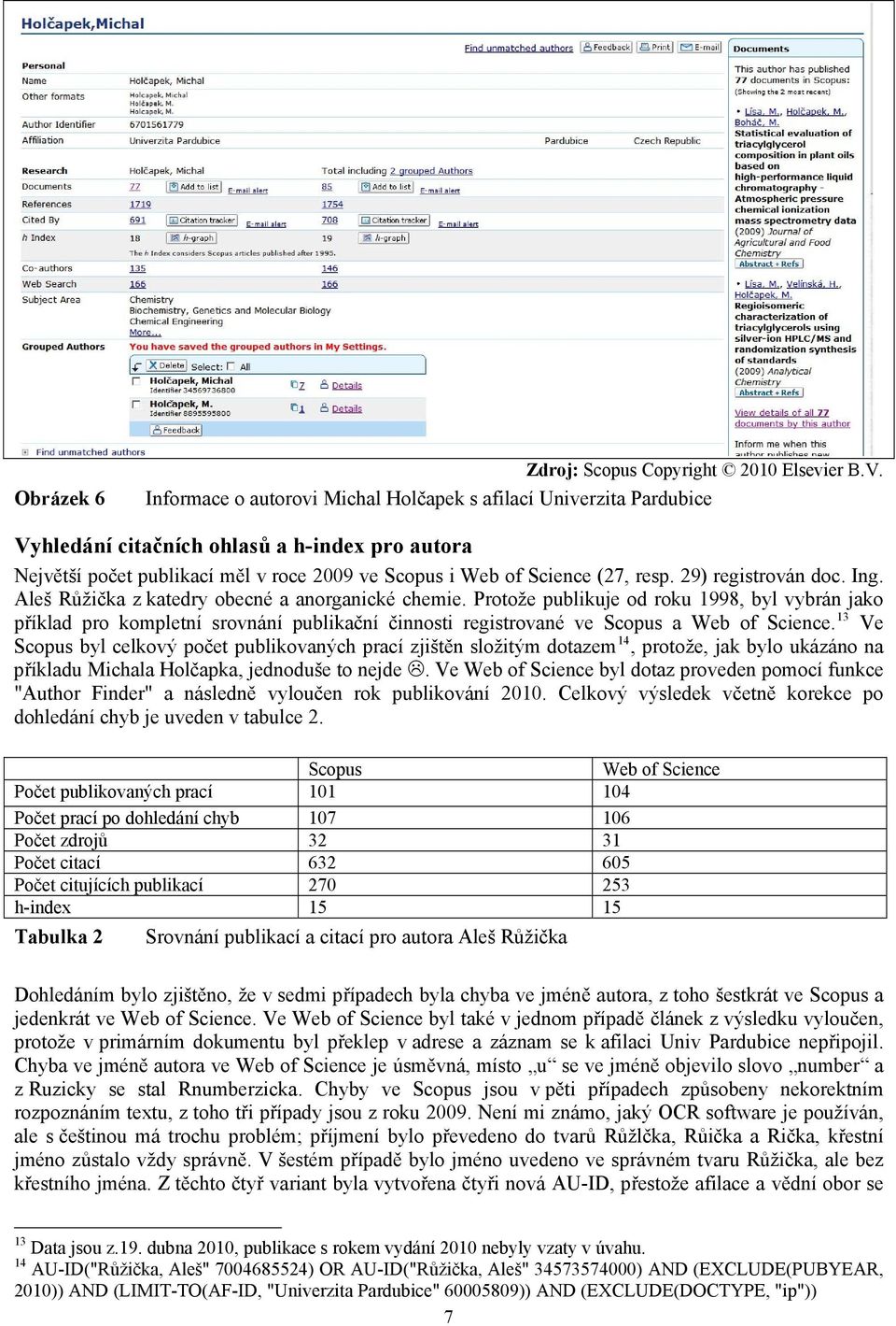 Protože publikuje od roku 1998, byl vybrán jako příklad pro kompletní srovnání publikační činnosti registrované ve Scopus a Web of Science.