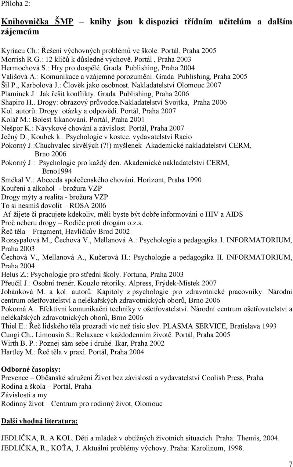 Nakladatelství Olomouc 2007 Plamínek J.: Jak řešit konflikty. Grada Publishing, Praha 2006 Shapiro H.. Drogy: obrazový průvodce.nakladatelství Svojtka, Praha 2006 Kol.