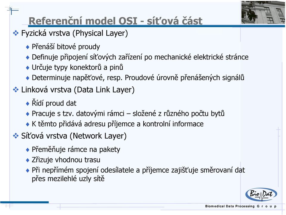 Proudové úrovně přenášených signálů Linková vrstva (Data Link Layer) Řídí proud dat Pracuje s tzv.