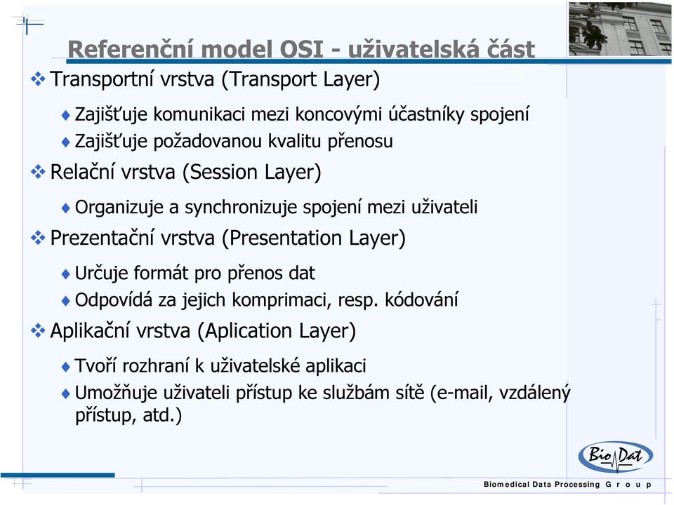 Prezentační vrstva (Presentation Layer) Určuje formát pro přenos dat Odpovídá za jejich komprimaci, resp.