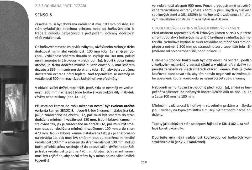 Od hořlavých stavebních prvků, nábytku, závěsů nebo záclon je třeba dodržovat minimální vzdálenost 100 mm (obr. 1a) směrem dozadu.