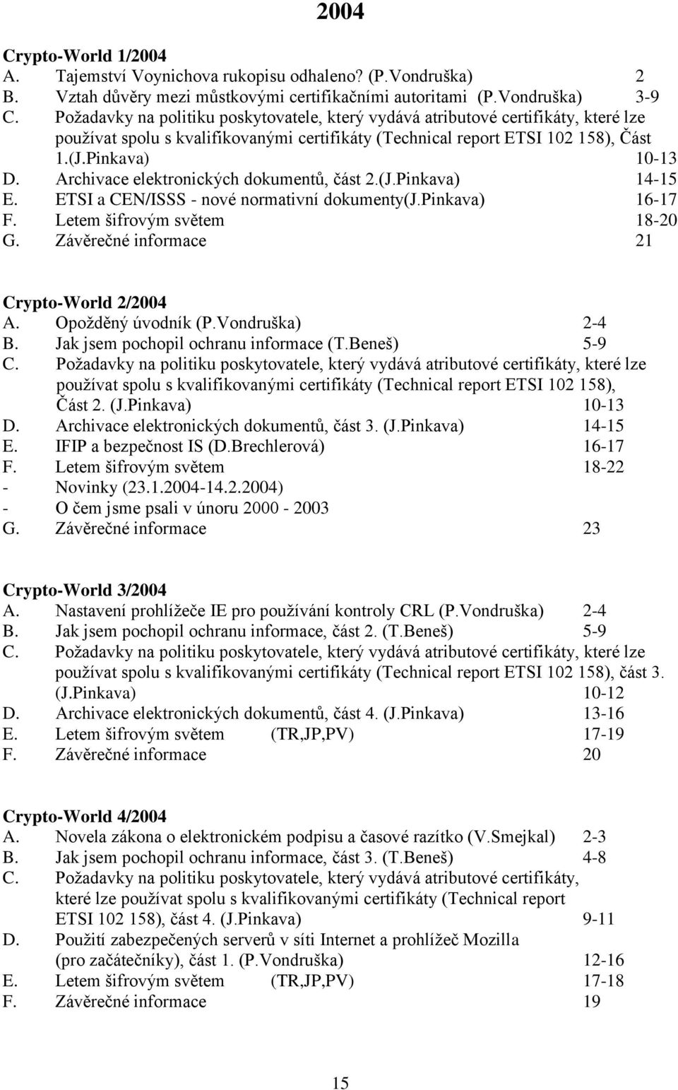 Archivace elektronických dokumentů, část 2.(J.Pinkava) 14-15 E. ETSI a CEN/ISSS - nové normativní dokumenty(j.pinkava) 16-17 F. Letem šifrovým světem 18-20 G.