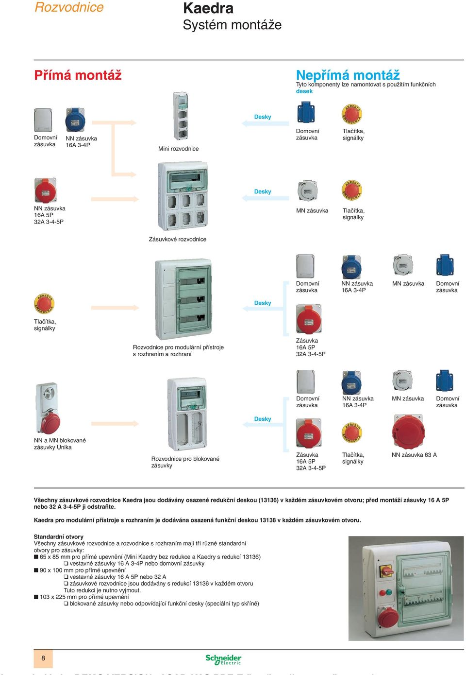 zásuvky Unika Rozvodnice pro blokované zásuvky Zásuvka 16A 5P 32A 3-4-5P Tlačítka, signálky 63 A Všechny zásuvkové rozvodnice Kaedra jsou dodávány osazené redukční deskou (13136) v každém zásuvkovém