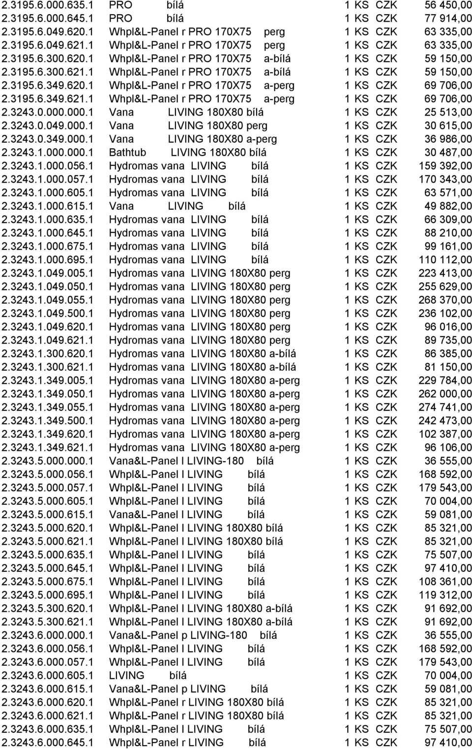 620.1 Whpl&L-Panel r PRO 170X75 a-perg 1 KS CZK 69 706,00 2.3195.6.349.621.1 Whpl&L-Panel r PRO 170X75 a-perg 1 KS CZK 69 706,00 2.3243.0.000.000.1 Vana LIVING 180X80 bílá 1 KS CZK 25 513,00 2.3243.0.049.
