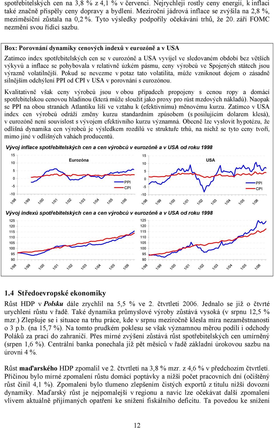 Box: Porovnání dynamiky cenových indexů v eurozóně a v USA Zatímco index spotřebitelských cen se v eurozóně a USA vyvíjel ve sledovaném období bez větších výkyvů a inflace se pohybovala v relativně