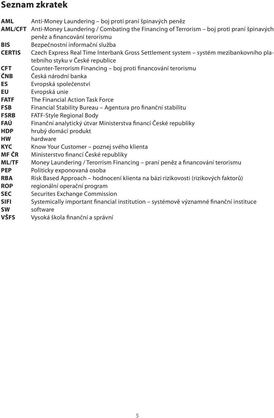 financování terorismu ČNB Česká národní banka ES Evropská společenství EU Evropská unie FATF The Financial Action Task Force FSB Financial Stability Bureau Agentura pro finanční stabilitu FSRB