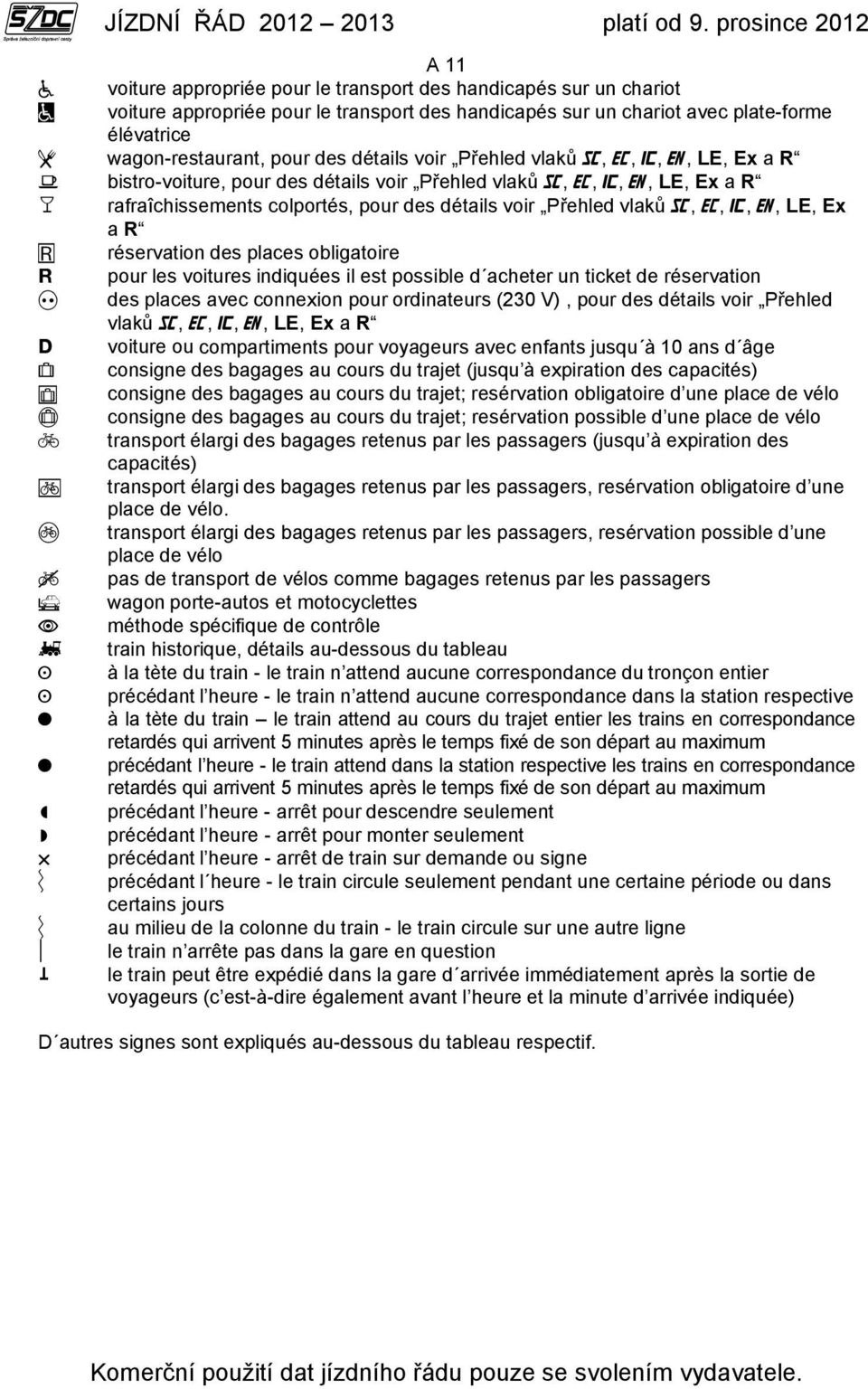 réservation des places obligatoire pour les voitures indiquées il est possible d acheter un ticket de réservation des places avec connexion pour ordinateurs (230 V), pour des détails voir Přehled