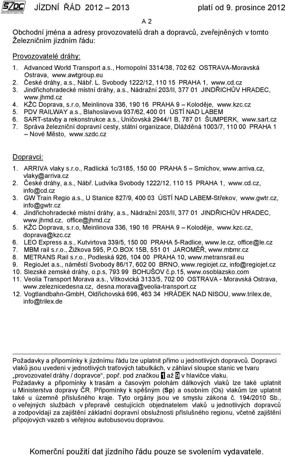 r.o, Meinlinova 336, 190 16 PRAHA 9 Koloděje, www.kzc.cz 5. PDV RAILWAY a.s., Blahoslavova 937/62, 400 01 ÚSTÍ NAD LABEM 6. SART-stavby a rekonstrukce a.s., Uničovská 2944/1 B, 787 01 ŠUMPERK, www.