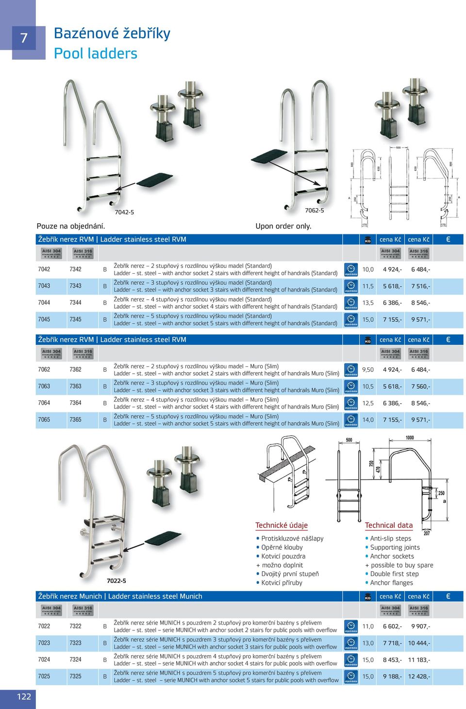 steel with anchor socket 3 stairs with different height of handrails (tandard),5 5 68,- 56,- 044 344 Žebřík nerez 4 stupňový s rozdílnou výškou madel (tandard) Ladder st.