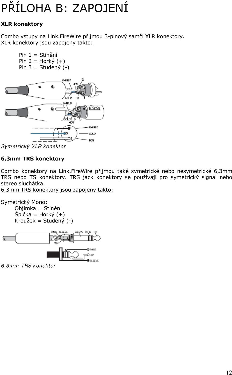 konektory na Link.FireWire přijmou také symetrické nebo nesymetrické 6,3mm TRS nebo TS konektory.