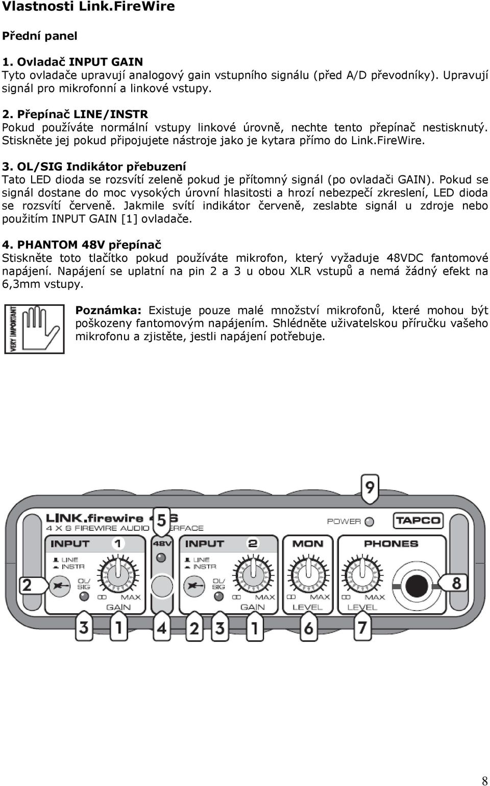 OL/SIG Indikátor přebuzení Tato LED dioda se rozsvítí zeleně pokud je přítomný signál (po ovladači GAIN).