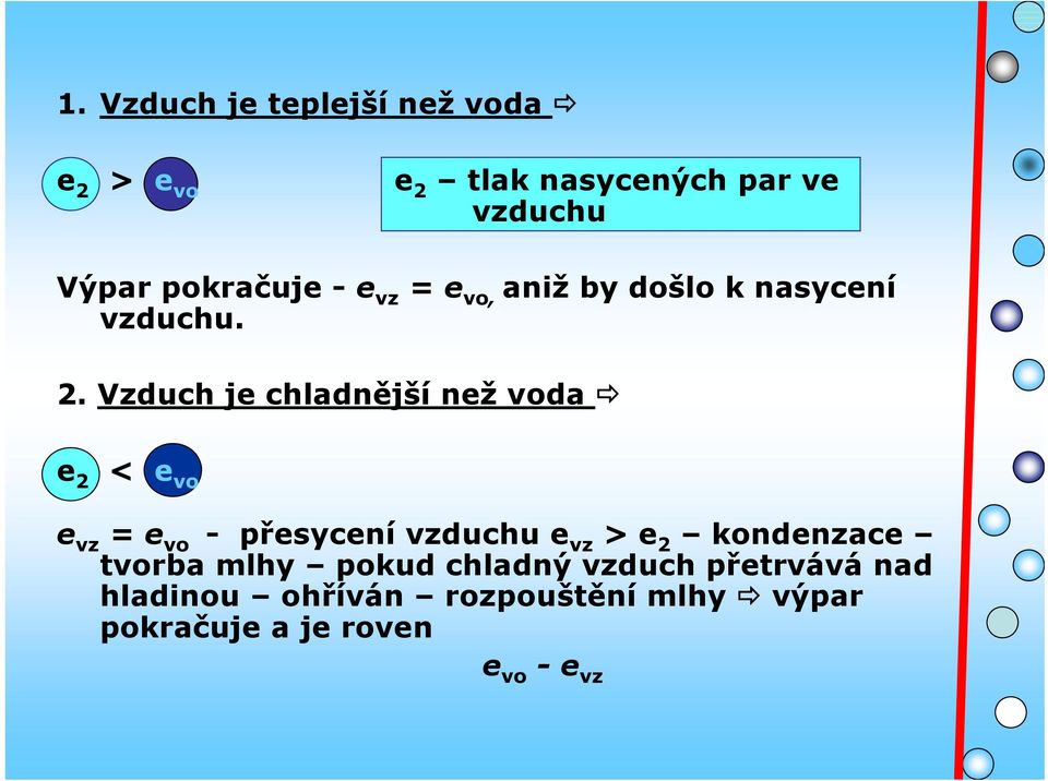 Vzduch je chladnější než voda e 2 < e vo e vz = e vo - přesycení vzduchu e vz >e 2