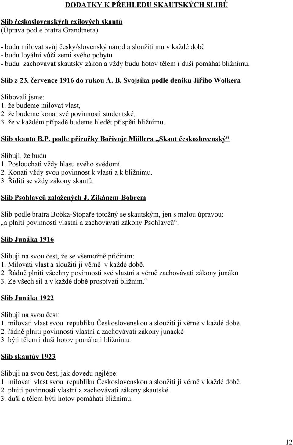 že budeme milovat vlast, 2. že budeme konat své povinnosti studentské, 3. že v každém případě budeme hledět přispěti bližnímu. Slib skautů B.P.