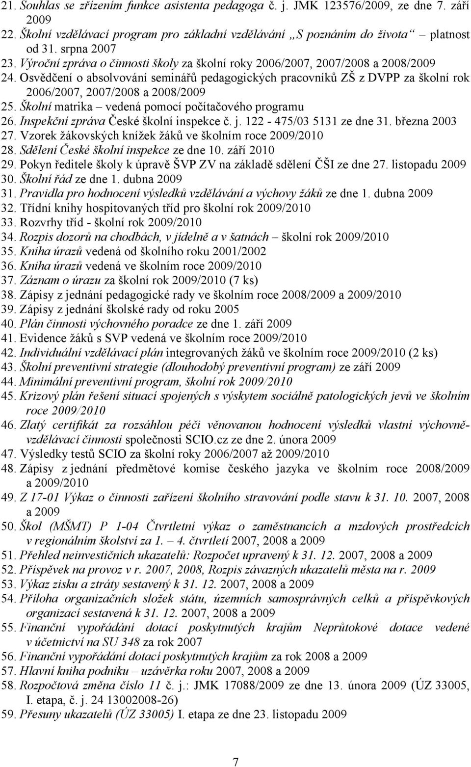 Osvědčení o absolvování seminářů pedagogických pracovníků ZŠ z DVPP za školní rok 2006/2007, 2007/2008 a 2008/2009 25. Školní matrika vedená pomocí počítačového programu 26.