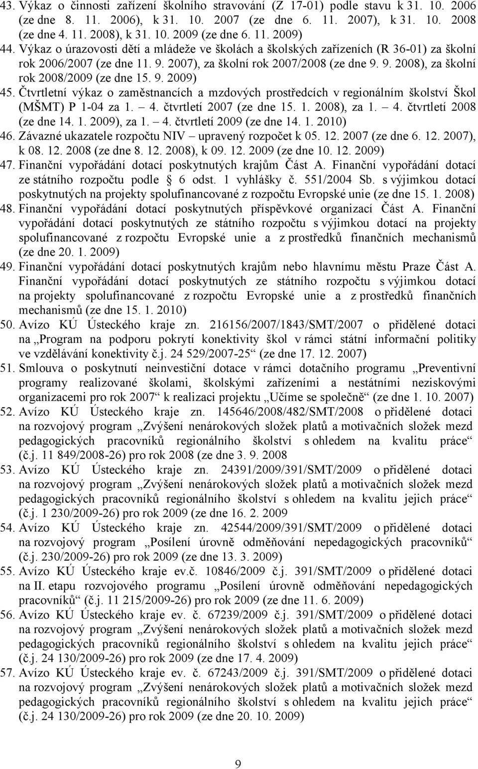 9. 2009) 45. Čtvrtletní výkaz o zaměstnancích a mzdových prostředcích v regionálním školství Škol (MŠMT) P 1-04 za 1. 4. čtvrtletí 2007 (ze dne 15. 1. 2008), za 1. 4. čtvrtletí 2008 (ze dne 14. 1. 2009), za 1.