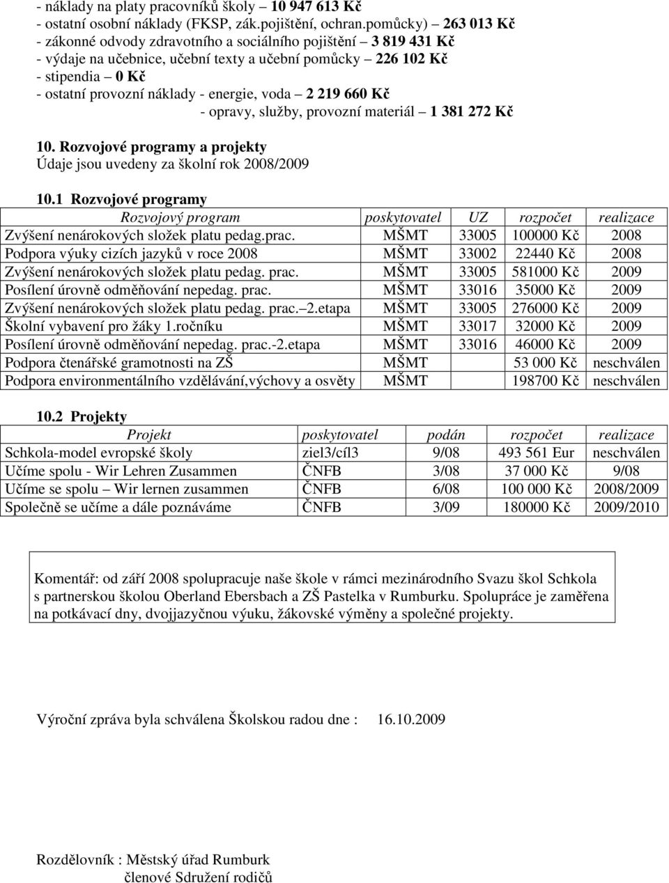 energie, voda 2 219 660 Kč - opravy, služby, provozní materiál 1 381 272 Kč 10. Rozvojové programy a projekty Údaje jsou uvedeny za školní rok 2008/2009 10.