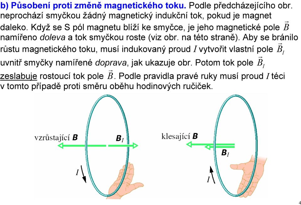 Když se S pól magnetu blíží ke smyčce, je jeho magnetické pole namířeno doleva a tok smyčkou roste (viz obr. na této straně).