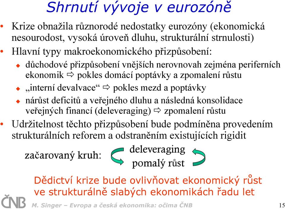 dluhu a následná konsolidace veřejných financí (deleveraging) zpomalení růstu Udržitelnost těchto přizpůsobení bude podmíněna provedením strukturálních reforem a odstraněním existujících