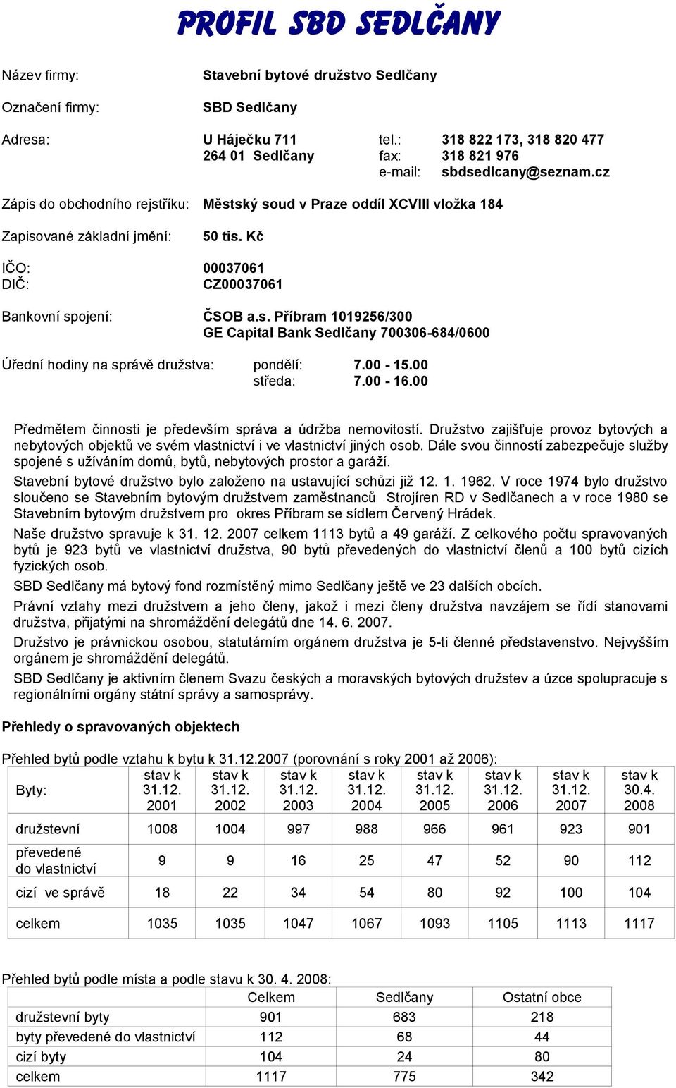 Kč IČO: 3761 DIČ: CZ3761 Bankovní spojení: ČSOB a.s. Příbram 119256/3 GE Capital Bank Sedlčany 736-684/6 Úřední hodiny na správě družstva: pondělí: 7. - 15. středa: 7. - 16.